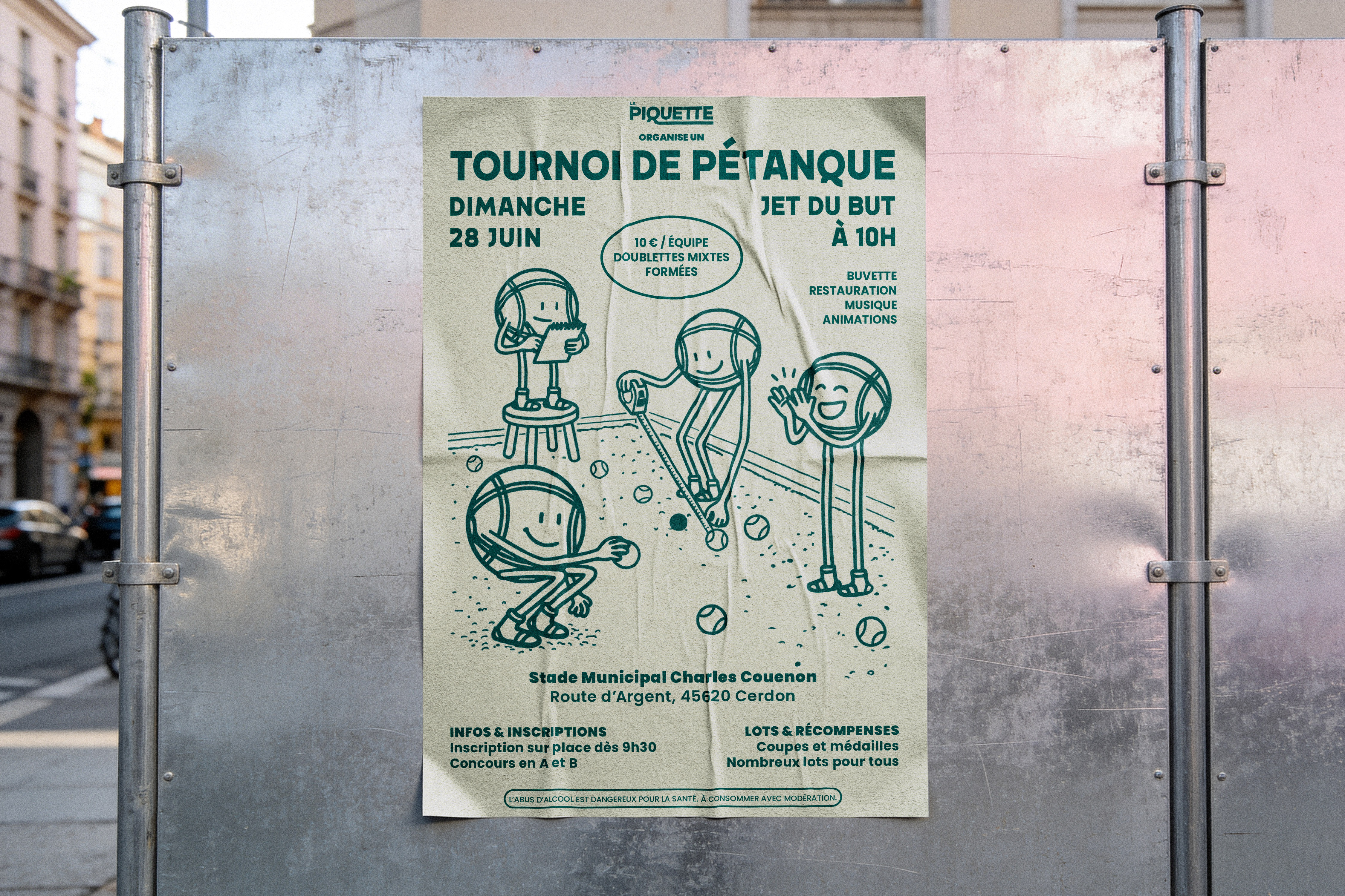 Affiche du tournoi de pétanque La Piquette, mockup sur panneau urbain