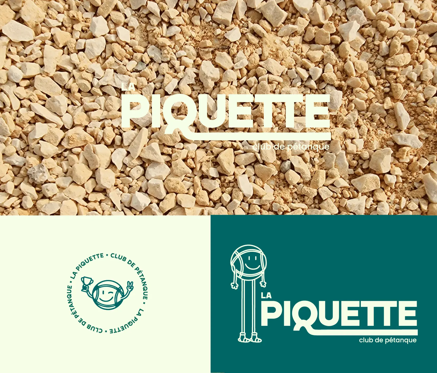 Logotype La Piquette Club de Pétanque et déclinaisons : badge circulaire, mascotte boule de pétanque